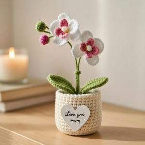 Crochet Orchid Flower Pot, Mom Gift, Handmade Knitted Orchid, Mother's Day Shelf Decor, Personalized Grandma Gift, Mom Gift Y-07032606