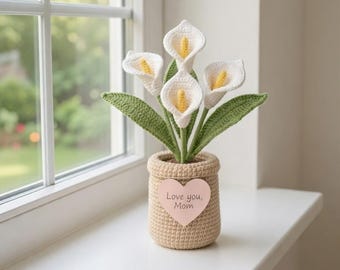 Lirio cala de ganchillo en maceta: decoración floral de algodón hecha a mano, regalo para el Día de la Madre, regalo para el Día de la Madre, flor hecha a mano, decoración de habitaciones R-05032601