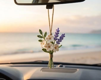Colgante de coche personalizado con flores de ganchillo / Ramo de margaritas y lavanda para espejo retrovisor / Accesorio de coche hecho a mano / Regalo bohemio para amantes de las flores Y-23032602C