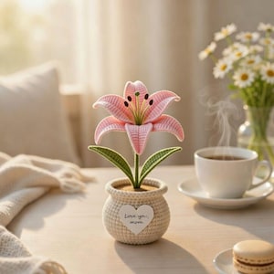 May include: A crocheted pink lily flower in a small, woven pot. The flower has green leaves and a label that says "Love you, mom." A cup of coffee and a plate with a macaron are also on the table.