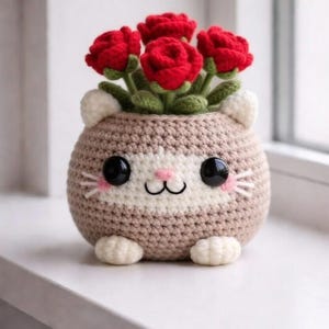 May include: A handmade crochet cat planter with red roses. The cat planter is beige and white with black eyes, pink cheeks, and a pink nose. The roses are a vibrant red color and add a pop of color to the design.