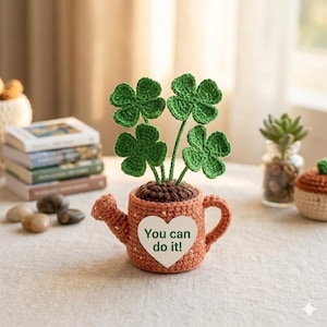 Crochet Four Leaf Clover Potted Plant, Good Luck Charm Desk Decor, Handmade Positive Affirmation Gift, Personalized Lucky Clover Y-09032614