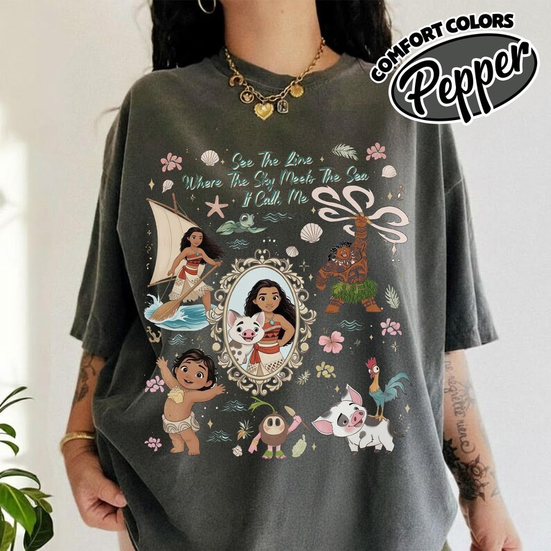 Camisa de princesa Moana con lazo vintage y colores cómodos, camiseta de Disney Maui Hei Hei Pua, camiseta de princesa para viaje de Disneyland WDW Girls RLSZ10 imagen 3