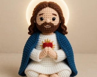 Handmade Crochet Praying Jesus Amigurumi, Sacred Heart Christ Doll, Religious Gift, Christian Home Decor, Small Jesus Plushie R-31032608