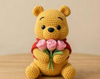 Varios ositos adorables de amigurumi de ganchillo, ramo de tulipanes hecho a mano, regalo bonito Y-04032605