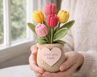 Maceta de tulipán tejida a crochet hecha a mano, regalo personalizado para el Día de la Madre