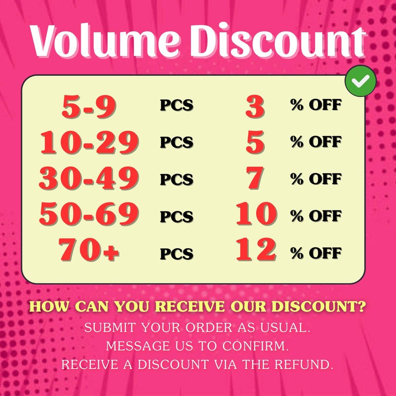 May include: A pink graphic with the words "Volume Discount" at the top. A chart shows discounts ranging from 3% to 12% off based on the quantity of items purchased. Instructions on how to receive the discount are also included.