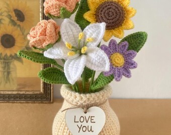 Crochet Flower Bouquet in Pot, Personalized Love You Gift, Amigurumi Sunflower and Lily, Forever Flower for Her, Anniversary Idea R-28032607