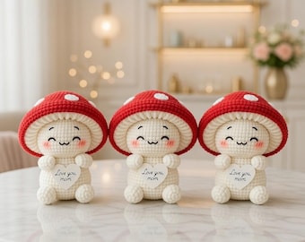Crochet Red Mushroom Plush, Love You Mom Gift, Handmade Smiley Face Amigurumi, Mother's Day Cute Decor, Personalized Mom Gift Y-07032612