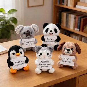 Kawaii Crochet Animal Amigurumi Set, Motivational Panda Koala Penguin Dog Cat Plush, Small Inspirational Gift, Desk Pet Mascot R-02042636