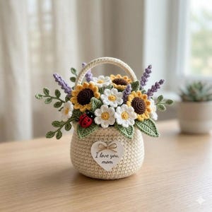 May include: A crocheted basket filled with sunflowers, daisies, and lavender. The basket is beige with a handle and a heart-shaped tag that reads "I love you, mom." A small red ladybug is also visible.