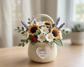 Crochet Sunflower & Lavender Basket, Handmade Flower Pot Mother's Day Gift, Desktop Decor, Floral Spring Ornament Y-22042604C