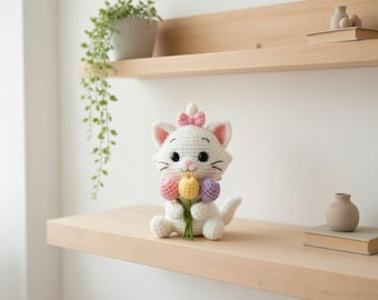 Marie Cat Crochet Amigurumi, Handmade Kitten with Flower Bouquet, Disney Inspired, Cute Coquette Room Decor, Gift for Her Y-28032614C
