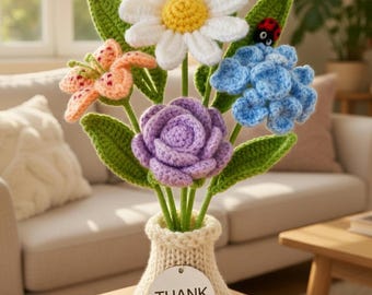 Crochet Thank You Flower Pot, Handmade Amigurumi Bouquet, Cute Ladybug Gift, Personalized Gratitude Gift, Forever Flowers R-27032610
