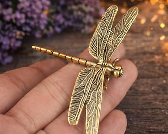Solid Brass Dragonfly Figurine, Vintage Insect Sculpture, Rustic Desk Decor, Nature Accent