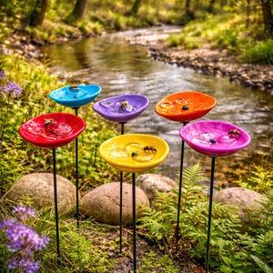 Könnte beinhalten: Eine Ansammlung farbenfroher Vogeltränken aus Keramik in verschiedenen Farben, darunter Rot, Blau und Gelb, sind in einem Garten angeordnet. Jede Tränke ist auf einem schlanken, schwarzen Metallstab befestigt. Die Tränken sind mit Wasser gefüllt, einige haben Insekten.