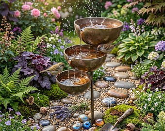 Rustic Metal Rain Catcher Garden Stake - 3-Tier Outdoor Zen Water Feature - Copper Finish Bird Bath - Yard Art Sculptural Decor