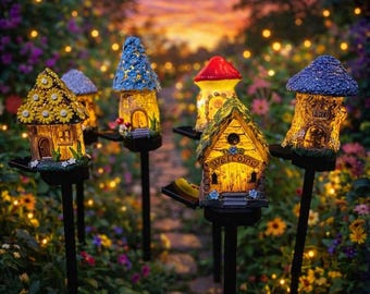 Solar Mushroom House Garden Light, Whimsical Fairy Cottage Stake Lamp, Outdoor Pathway Decor