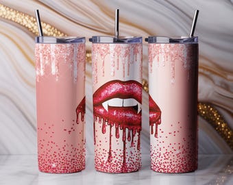 Red Glitter Vampire Lips Tumbler Wrap | Gothic Valentine PNG (20oz Sublimation, Digital Download)