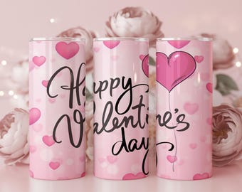 Happy Valentine’s Day Tumbler Wrap PNG | Pink Hearts Balloon | 20oz Straight & Tapered | Sublimation