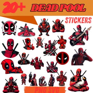May include: A collection of Deadpool stickers in various poses and styles. The stickers feature the character in his signature red and black costume, with swords, guns, and other accessories. The text "20+ DEADPOOL STICKERS" is at the top.