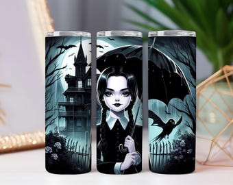 Gothic Girl Haunted House Tumbler Wrap – Spooky Halloween PNG