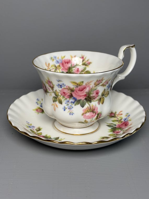 Royal Albert “Moss Rose” Bone China Teacup and Saucer – England – Vintage Floral Fine China