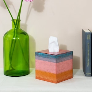 Op de afbeelding: Een houten tissueboxhoes met een veelkleurig gestreept ontwerp. De doos heeft een turquoise, paarse, roze, oranje en bruine gestreepte print. De tissuebox staat op een wit oppervlak naast een groene glazen vaas met roze bloemen.