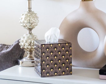 Tissue Box Cover Wooden Mocha Brown / Black Art Deco cube