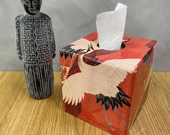 Tissue Box Cover/ Holder square wooden Red Crane