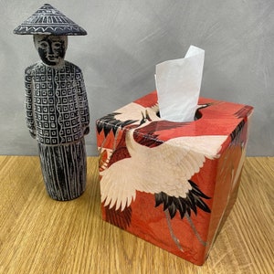 Tissue Box Cover/ Holder square wooden Red Crane