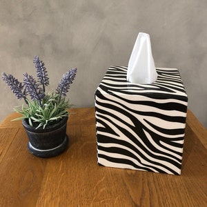 Hand Decorated Zebra Tissue Box Cover: Decoupage Wooden Cube