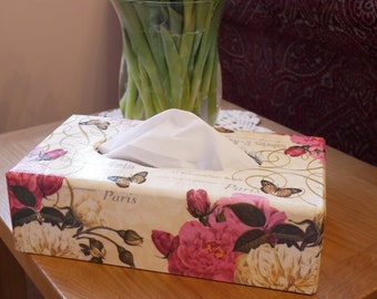 Caja de pañuelos de madera hecha a mano con diseño de rosa de París