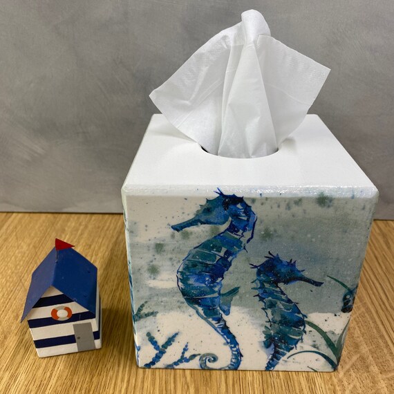 Blue Seahorse wooden Tissue Box Cover 