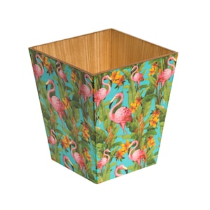 Flamingo Waste Paper Bin Trash Can Handmade Wooden made in UK