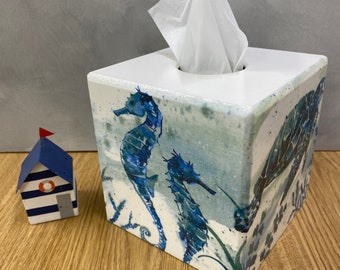 Blue Seahorse wooden Tissue Box Cover