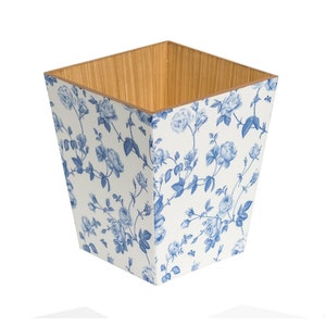 Blue Flower Waste Paper Bin Trash Can Handmade Wooden image 1