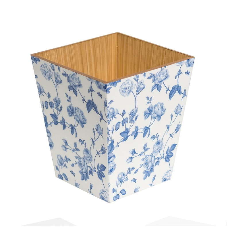 Blue Flower Waste Paper Bin Trash Can Handmade Wooden image 1