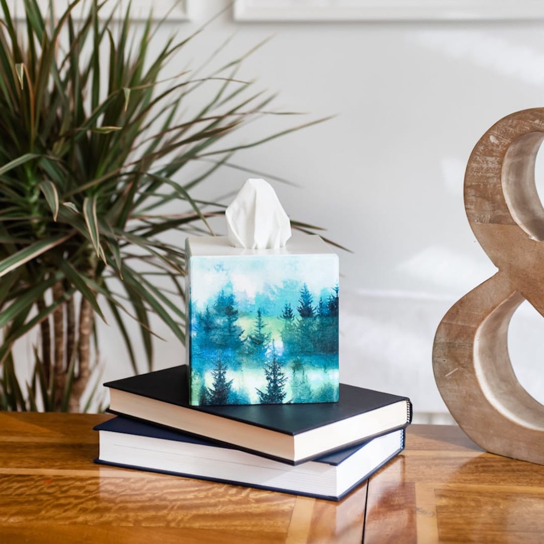 Tissue Box Cover Holder Wooden Cube Square Aqua Trees - Etsy