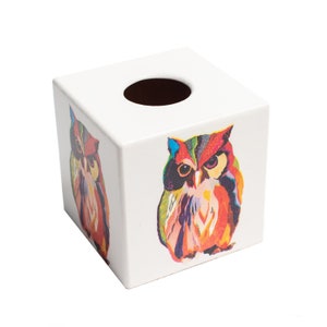 Rainbow Owl wooden Tissue Box Cover / holder square