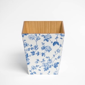 Blue Flower Waste Paper Bin Trash Can Handmade Wooden image 2