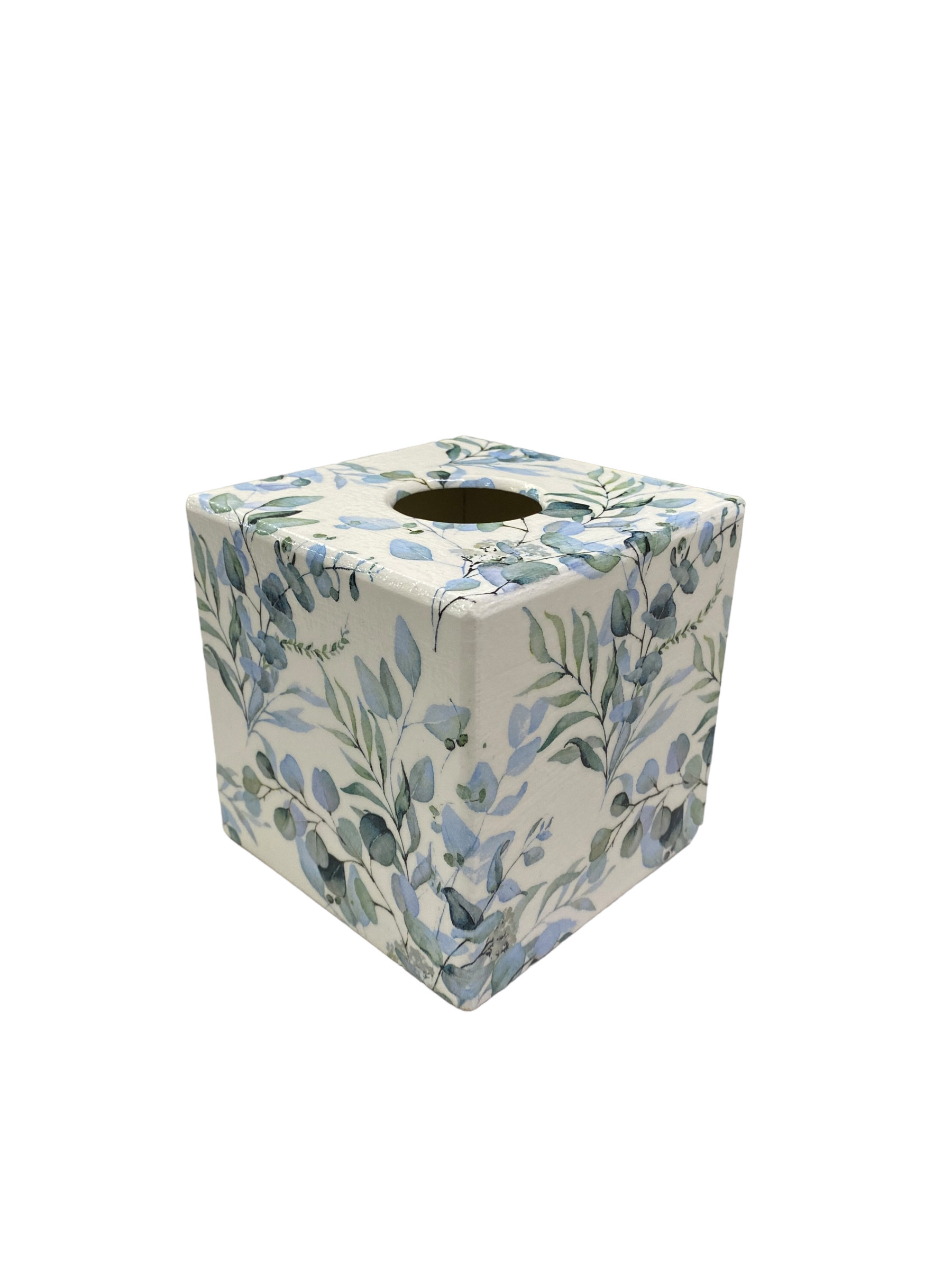 May include: Square tissue box cover with a white background and a blue and green floral pattern.