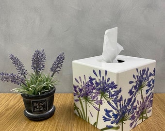 Tissue Box Cover holder square  Wooden Agapanthus homes/ hotel gift for mom blue s