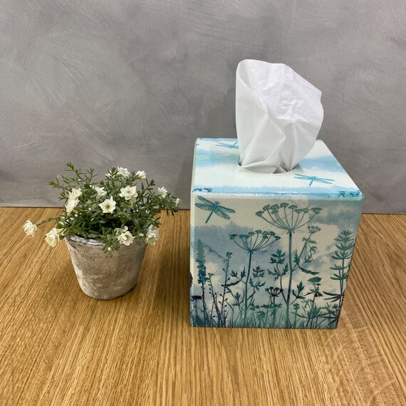 Tissue Box Cover/ Holder Wooden Cube Aqua Fields -  New Zealand