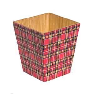 Red Tartan Waste Paper Bin Trash Can Handmade Wooden handmade in UK