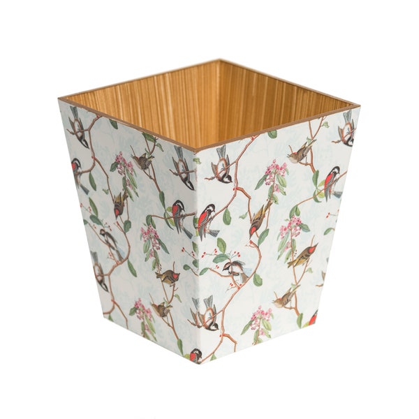 Bird Song Waste Paper Bin Trash Can Handmade Wooden handmade in UK