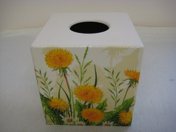 Yellow Dandelion  Tissue Box Cover wooden handmade decoupaged uk 