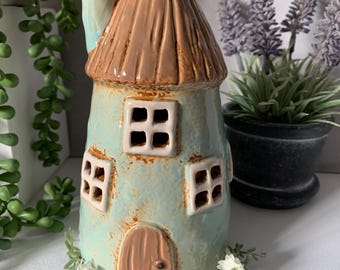 Ceramic Aqua Thatched House Tea Light
