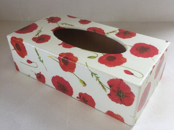 Red Poppy Tissue Box Cover Holder Square Wooden Handmade Red Poppy Tissue Box Cover Holder