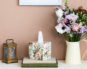 Funda para caja de pañuelos con diseño floral vintage, cuadrada, de madera, hecha a mano en el Reino Unido.
